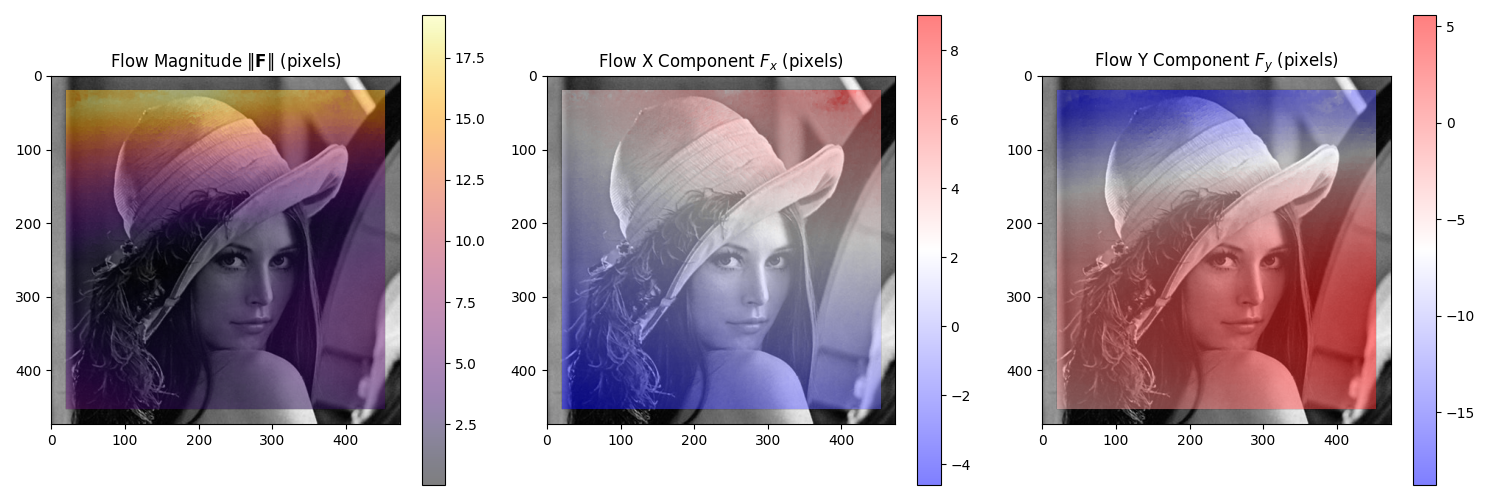 Flow Magnitude $\|\mathbf{F}\|$ (pixels), Flow X Component $F_x$ (pixels), Flow Y Component $F_y$ (pixels)